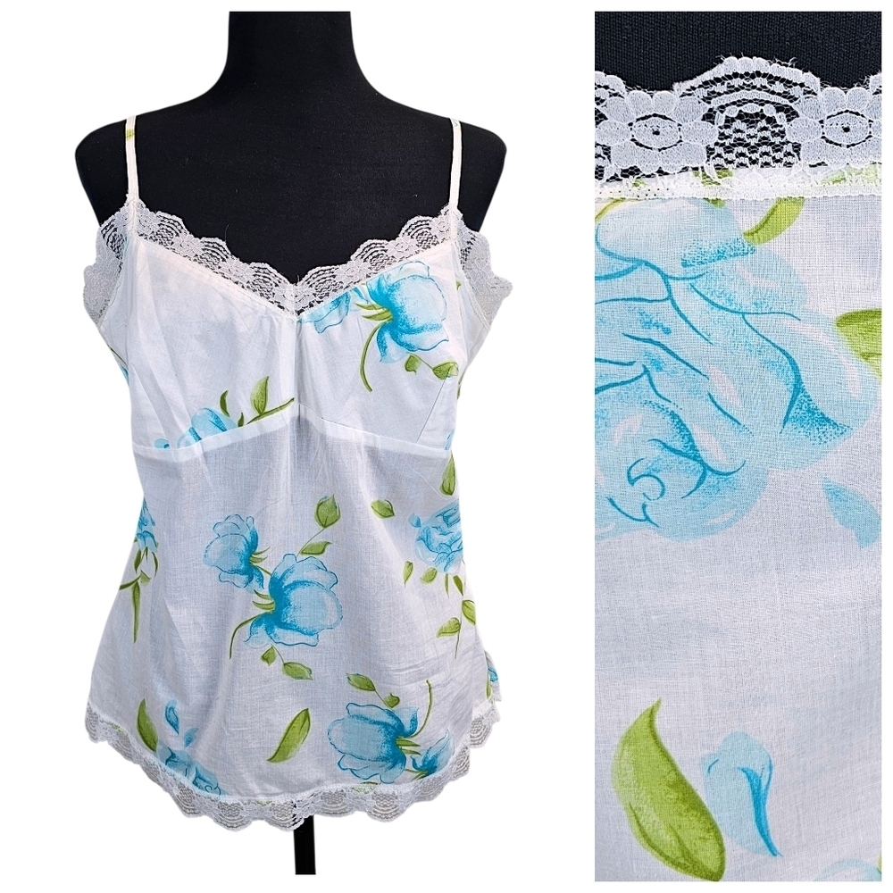 Vintage DCC Missy Lace Floral Cami S White Roses Milkmaid Cotton Cottagecore Y2K
